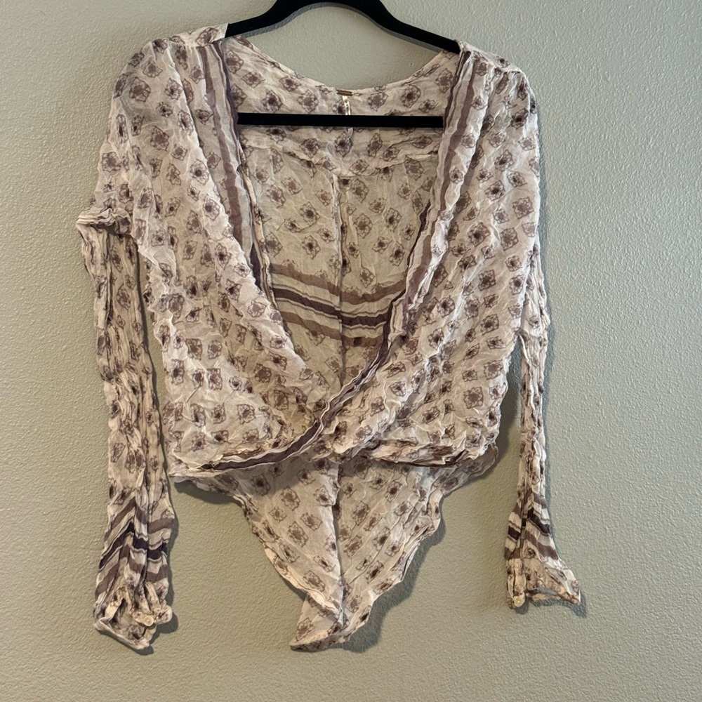 Free People Cream and Brown Floral Wrap Blouse